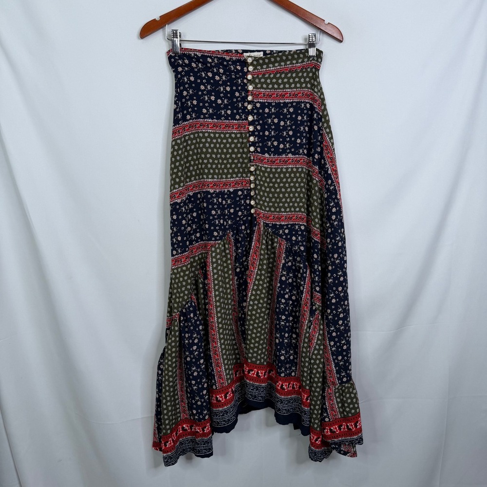 Vida Mia Patchwork Maxi Skirt Boho Floral Paisley Button Front Asymmetrical S - Picture 3 of 7